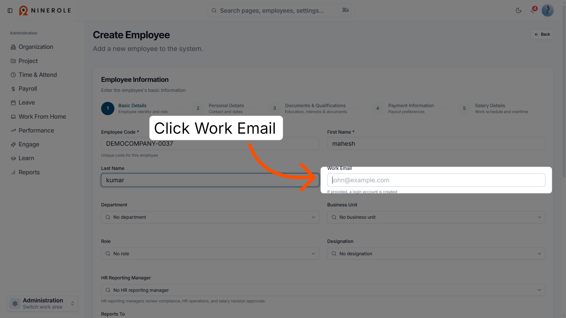Select Work Email Field