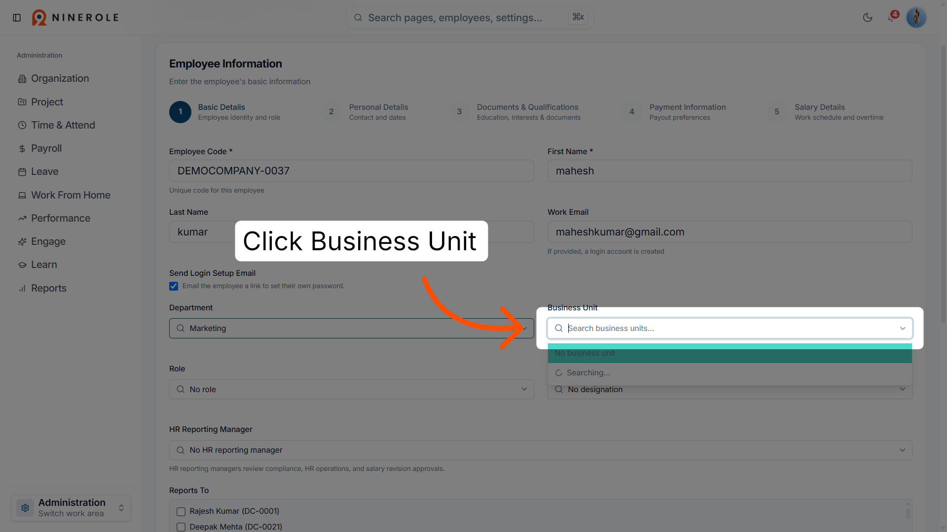 Open Business Unit Dropdown