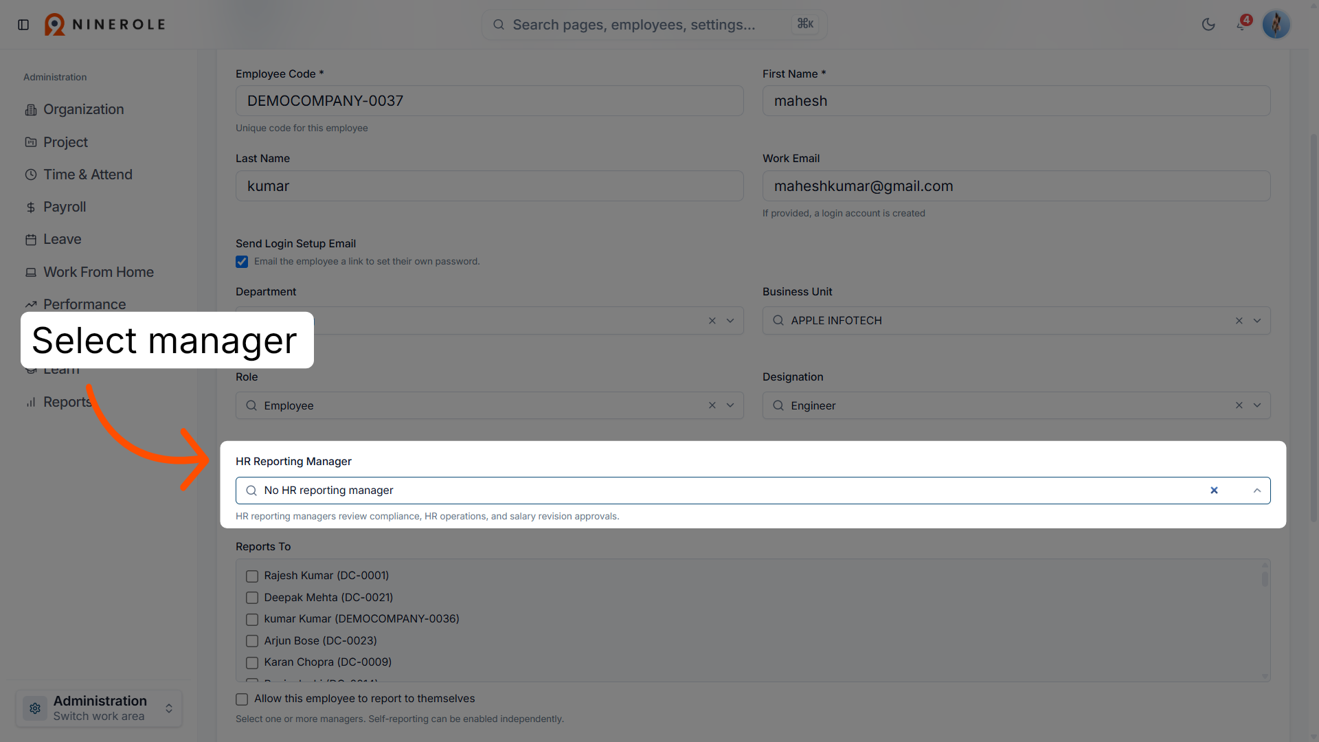 Select HR Reporting Manager