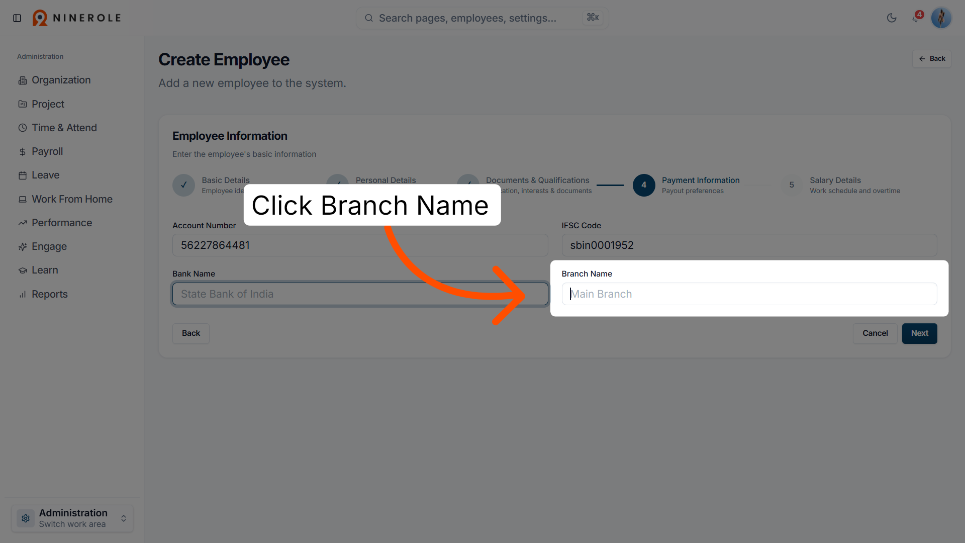 Select Branch Name Field