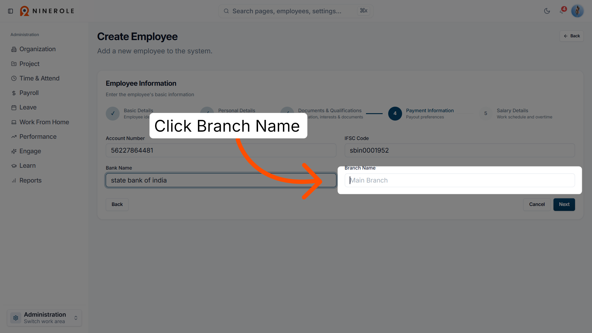 Select Branch Name Field