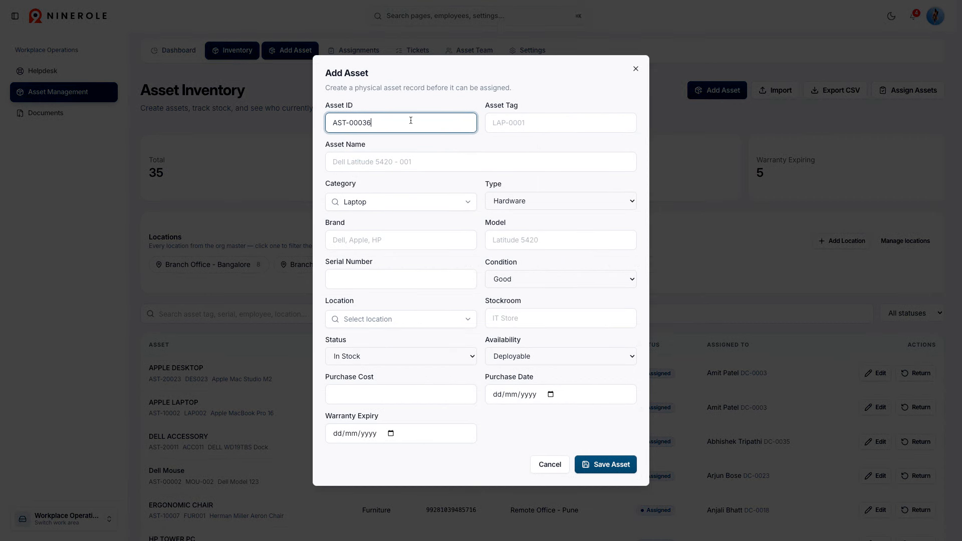 The Add Asset dialog