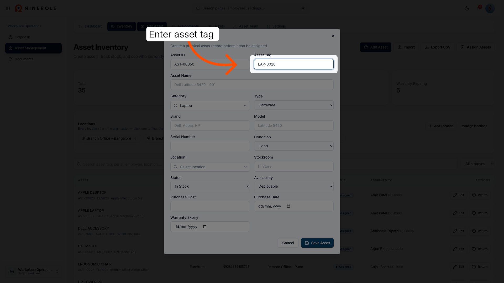 Enter Asset Tag
