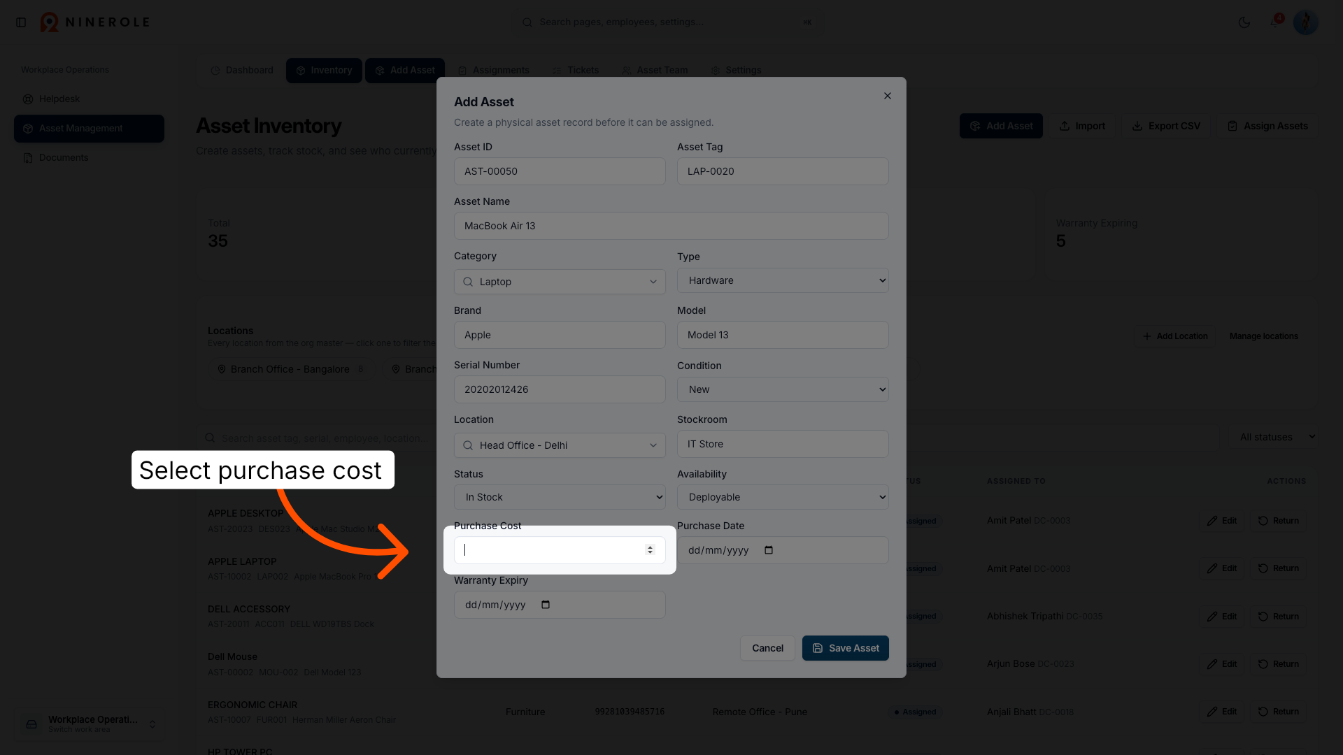 Select Purchase Cost Field