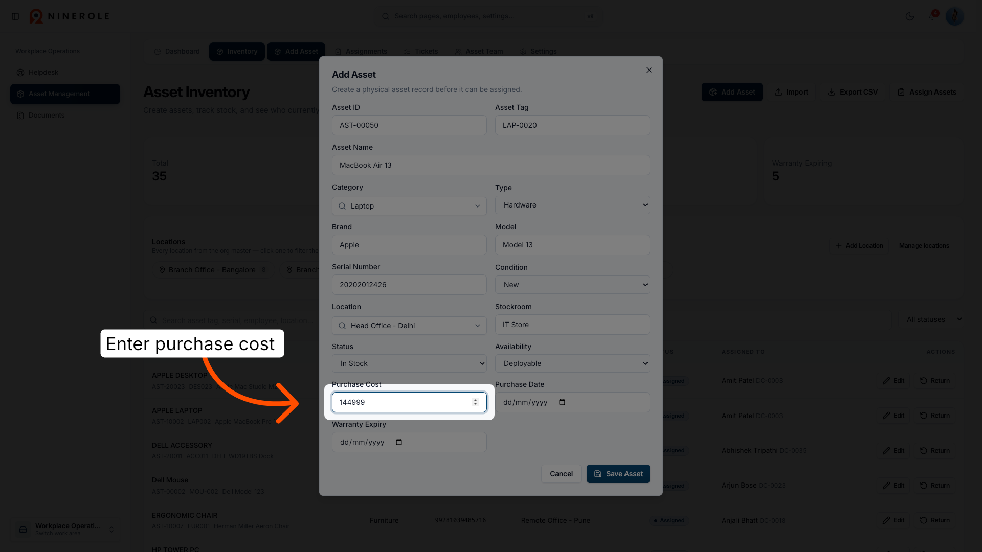 Enter Purchase Cost