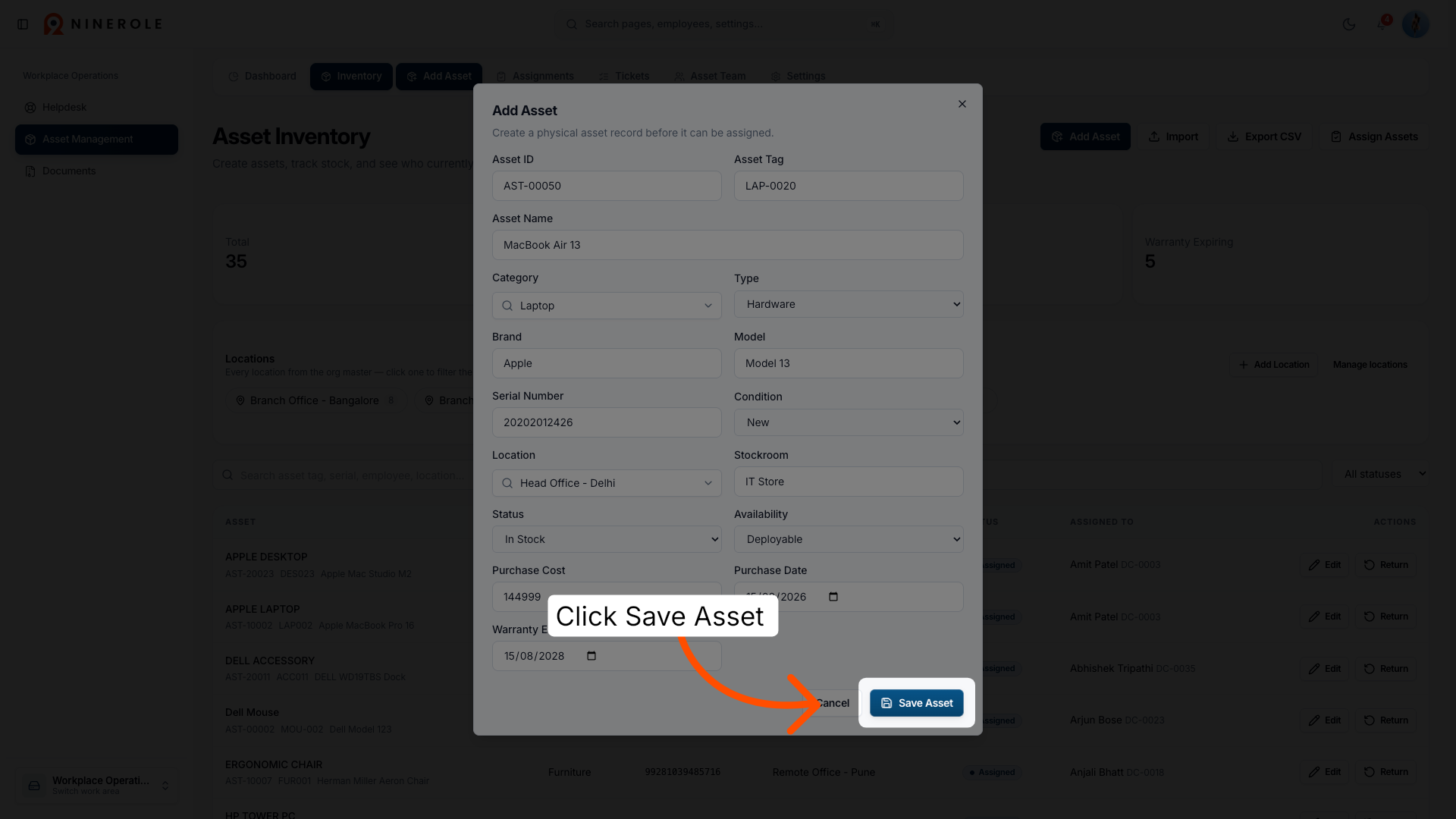 Save Asset Details