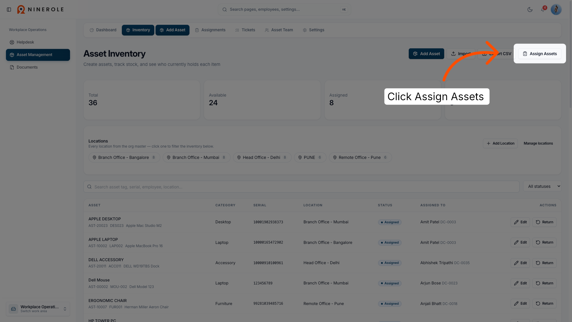 Open Assign Assets Section