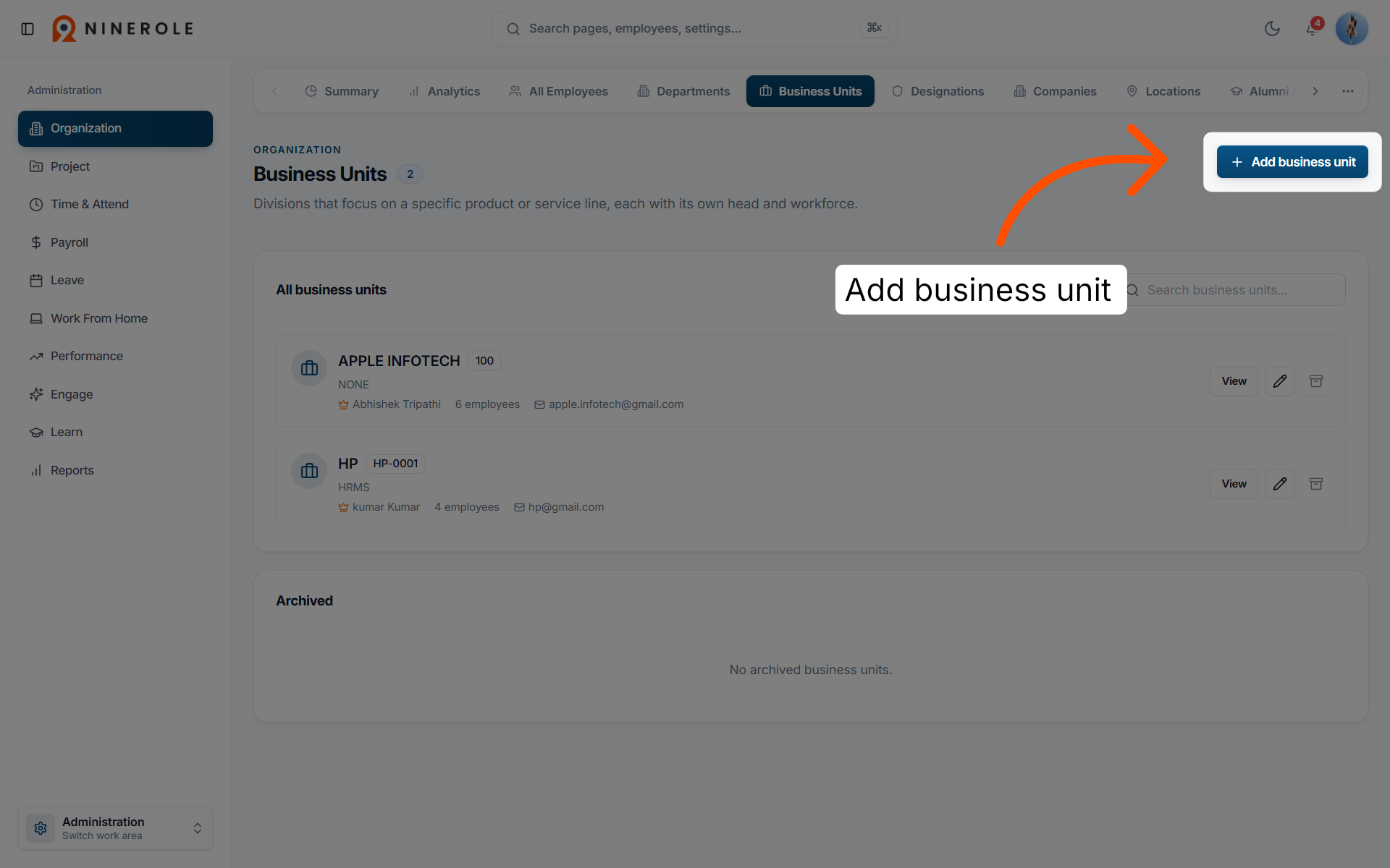 Initiate Adding Business Unit