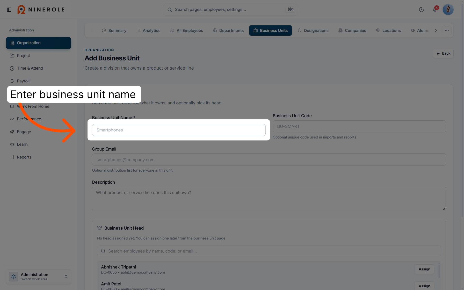 Enter Business Unit Name