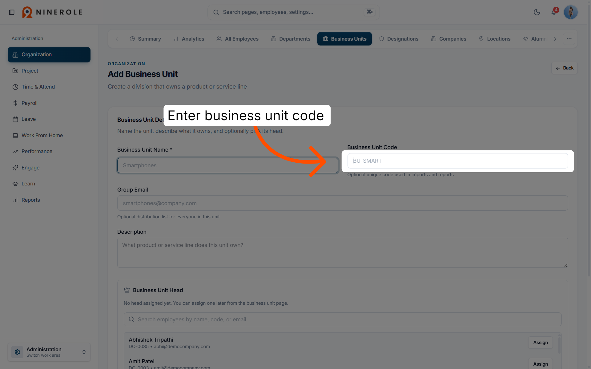 Input Business Unit Code