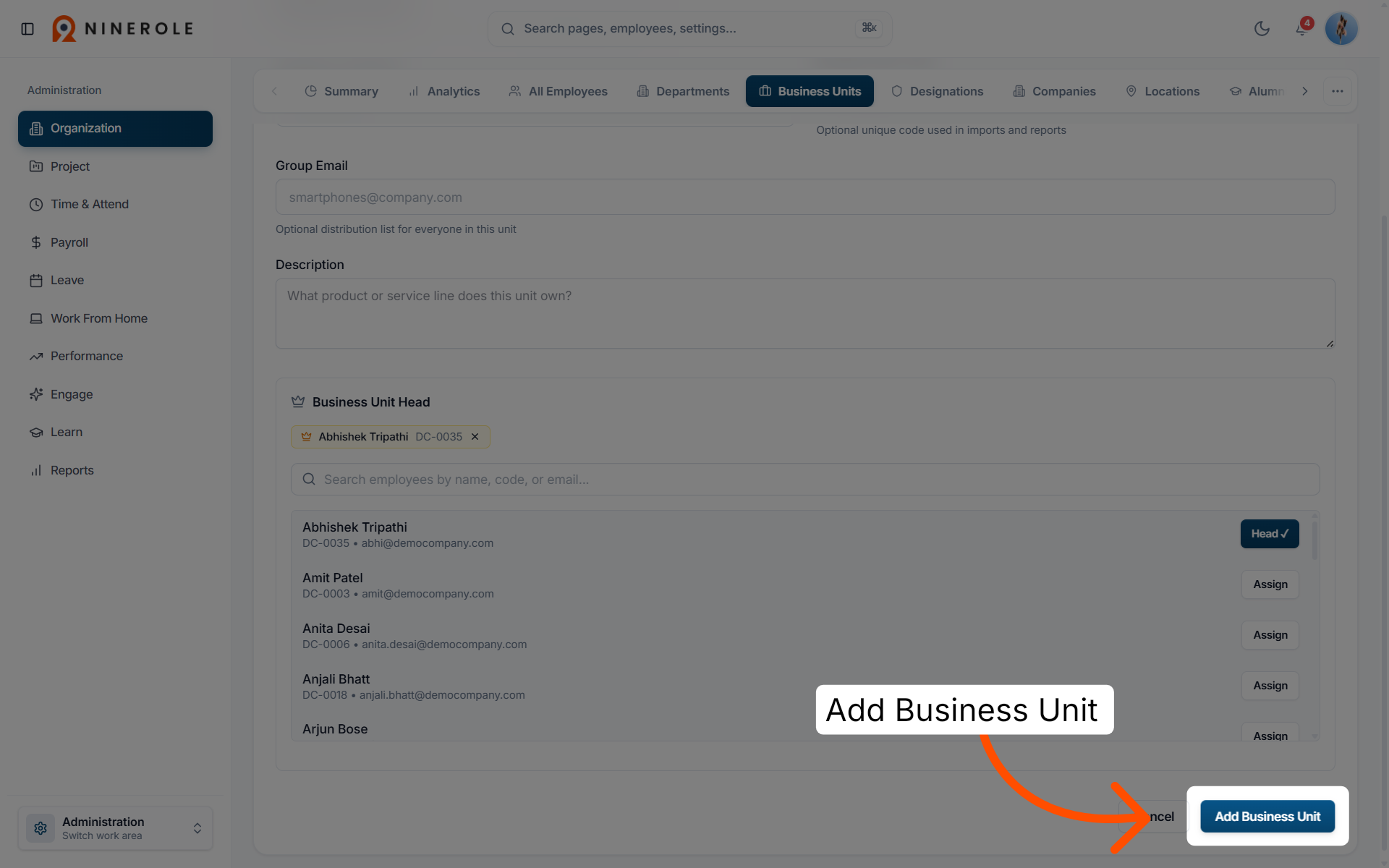 Finalize Business Unit Addition
