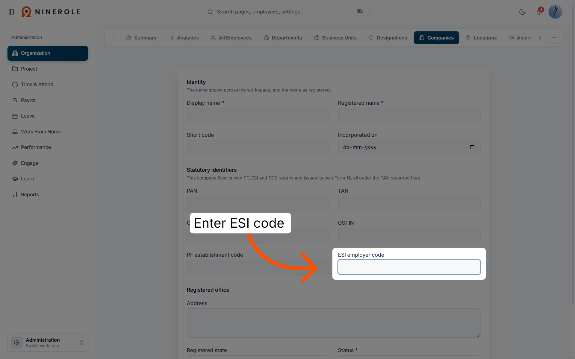 Input ESI Employer Code