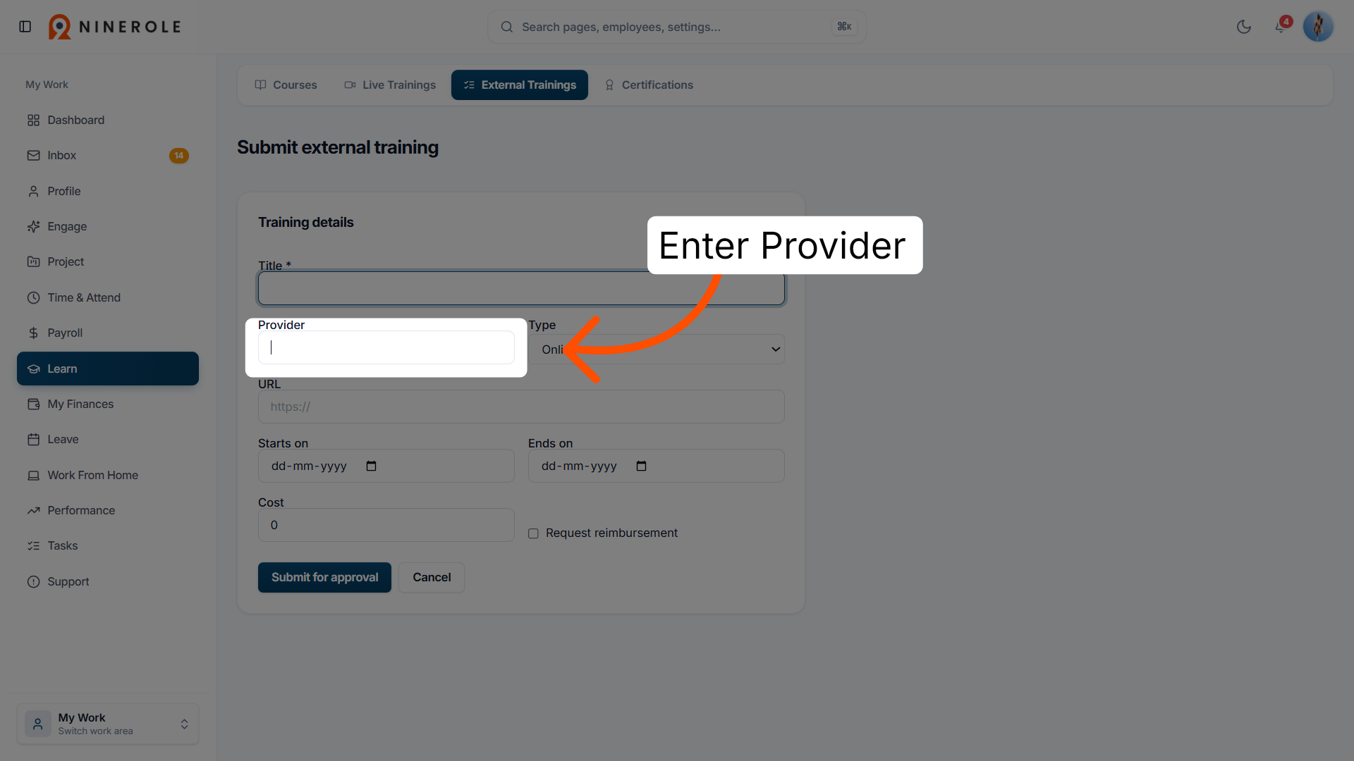 Continue External Training Entry