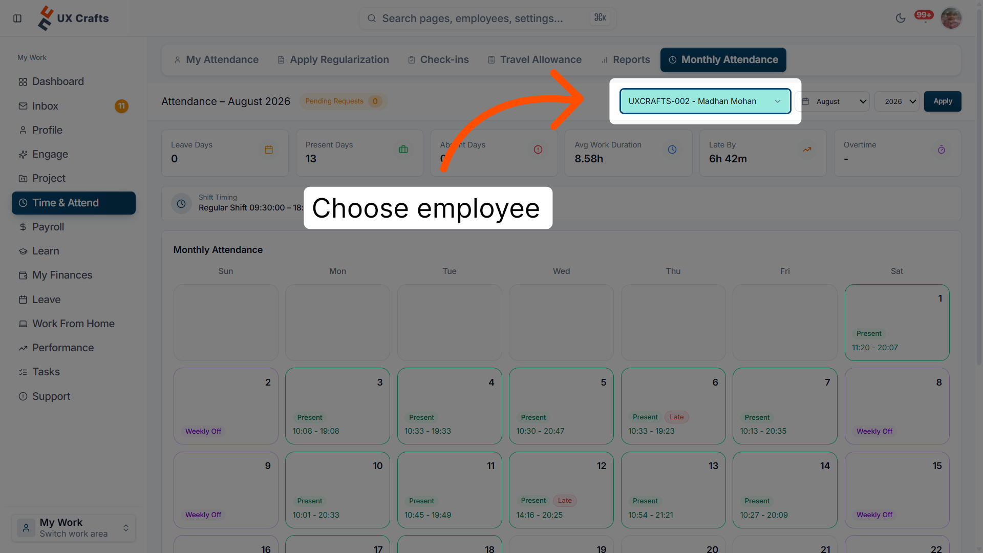 Select Employee Attendance Record