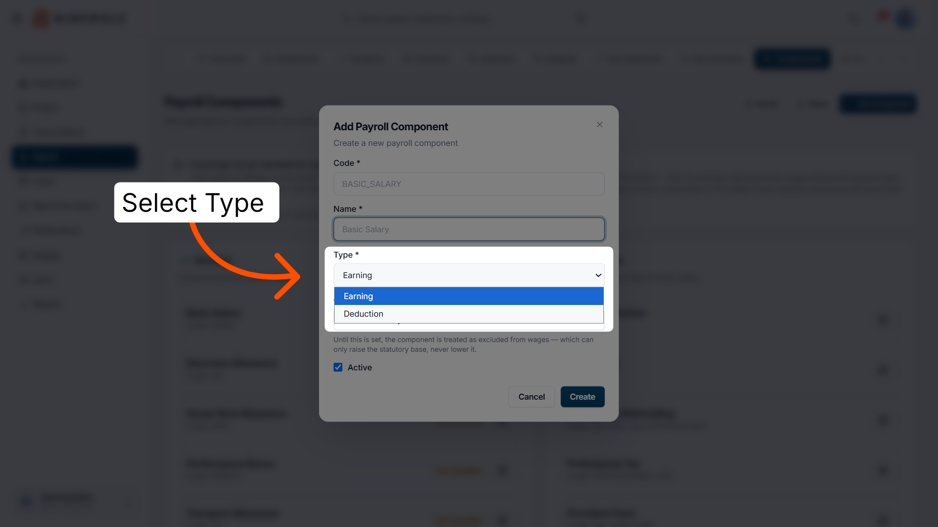 Choose Earning or Deduction Type
