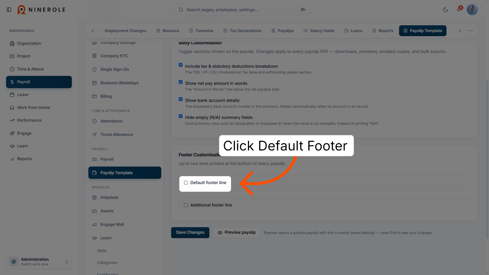 Default footer line