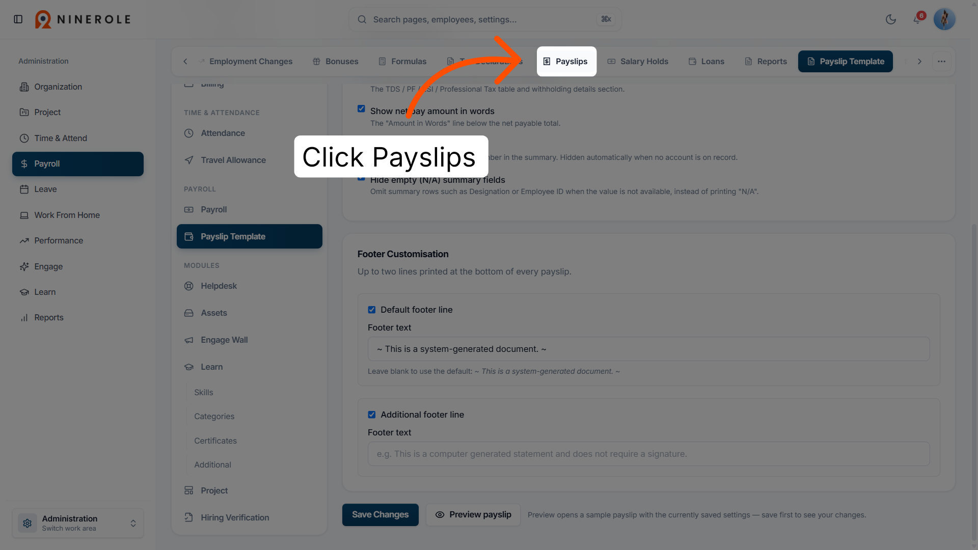 Access the Payslips section