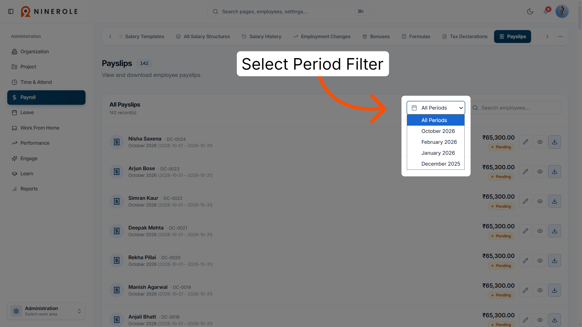 Filter payslips by period