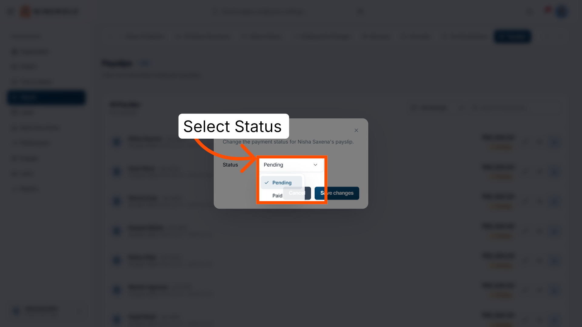 Select the payment status