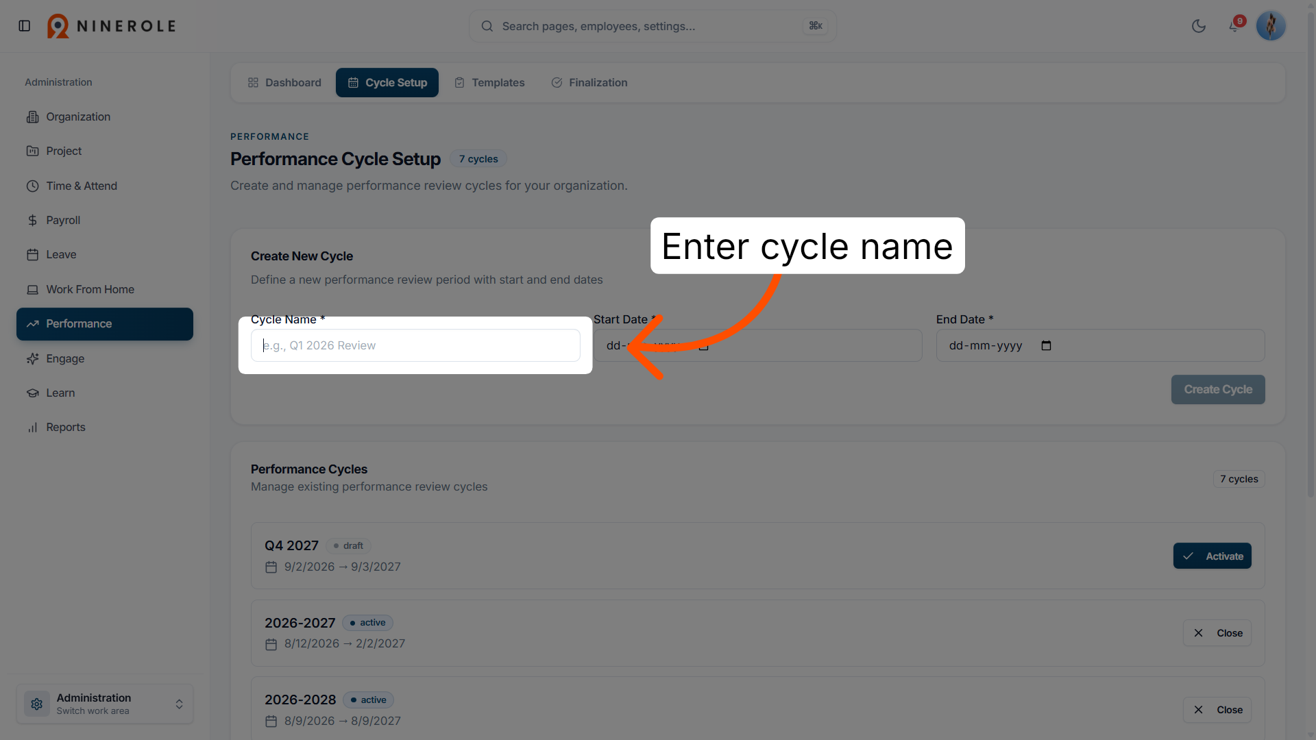 Enter the cycle name