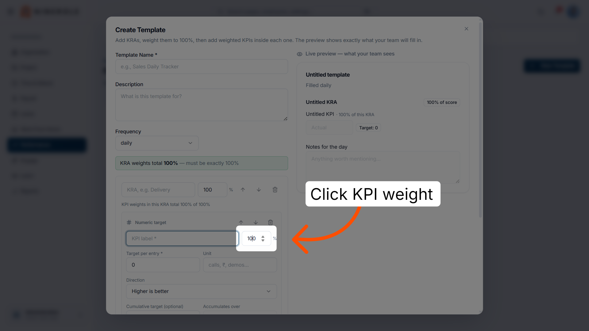 Open the KPI weight field