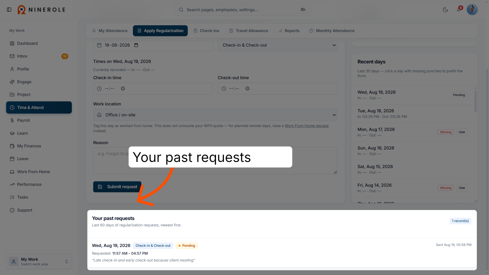 Access Past Requests Section