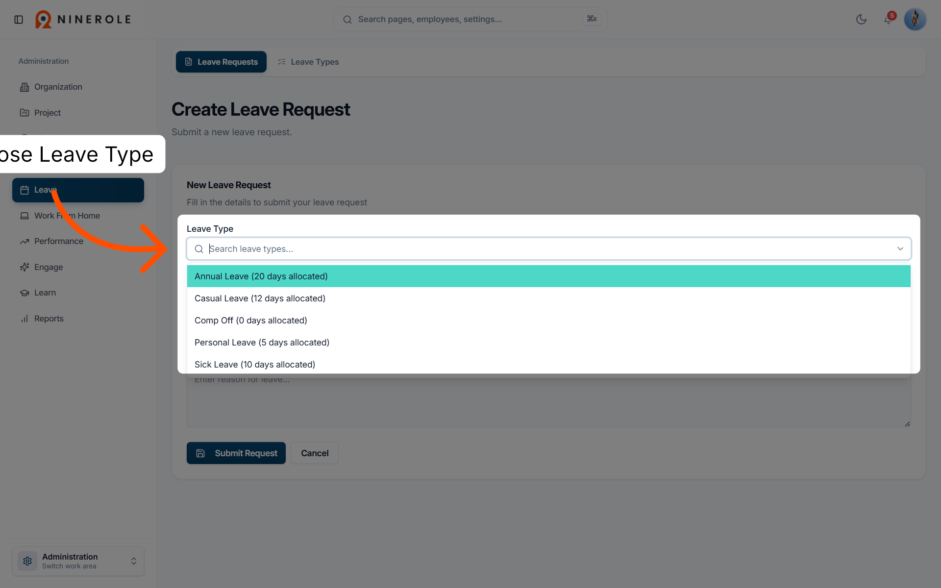 Select Leave Type Field
