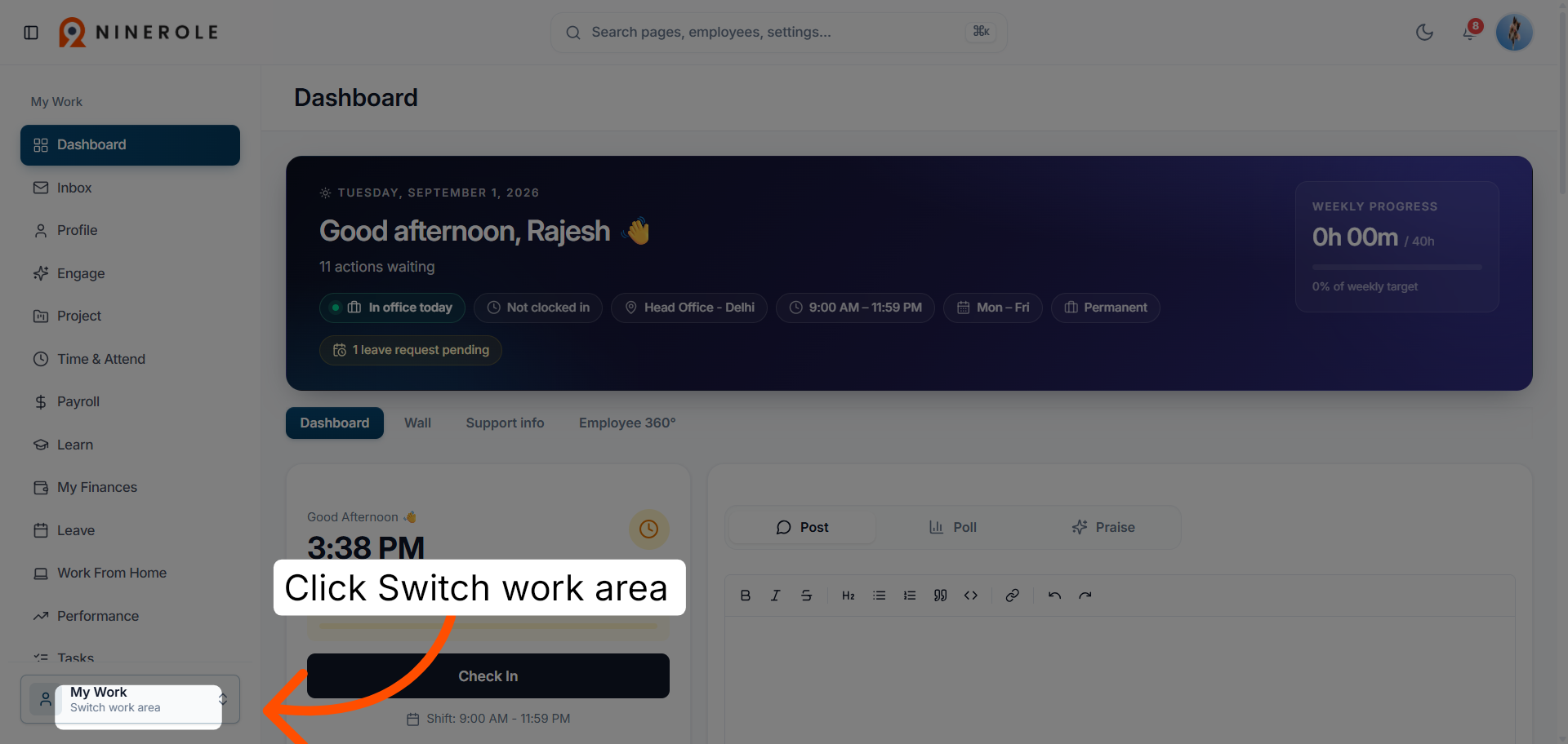 Switch the work area