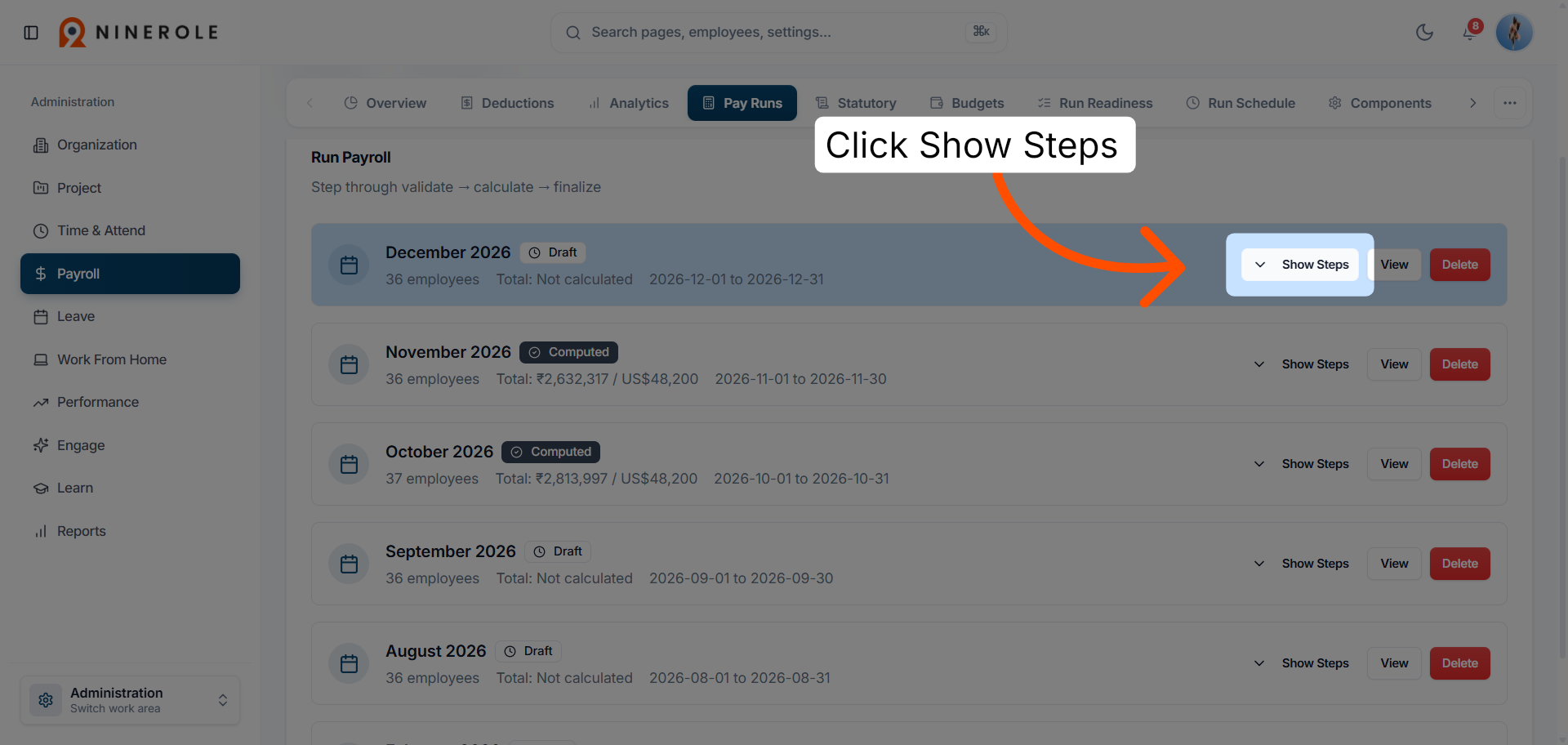Show the pay run steps