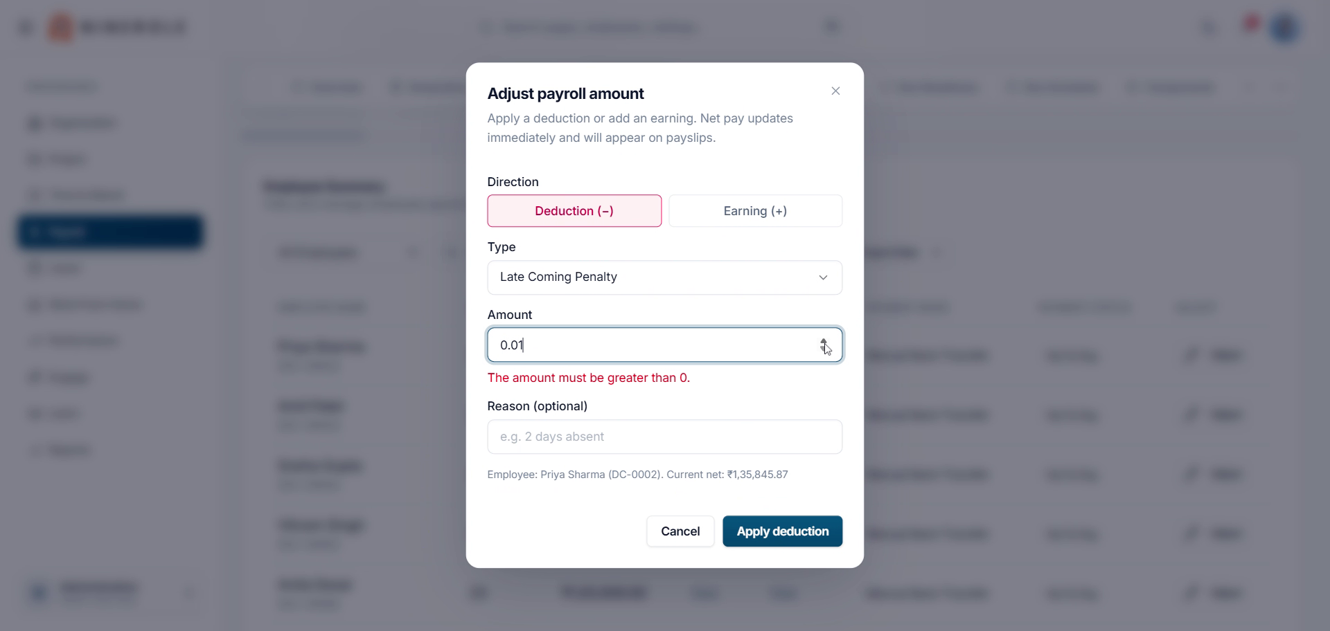 Set the direction, type and amount