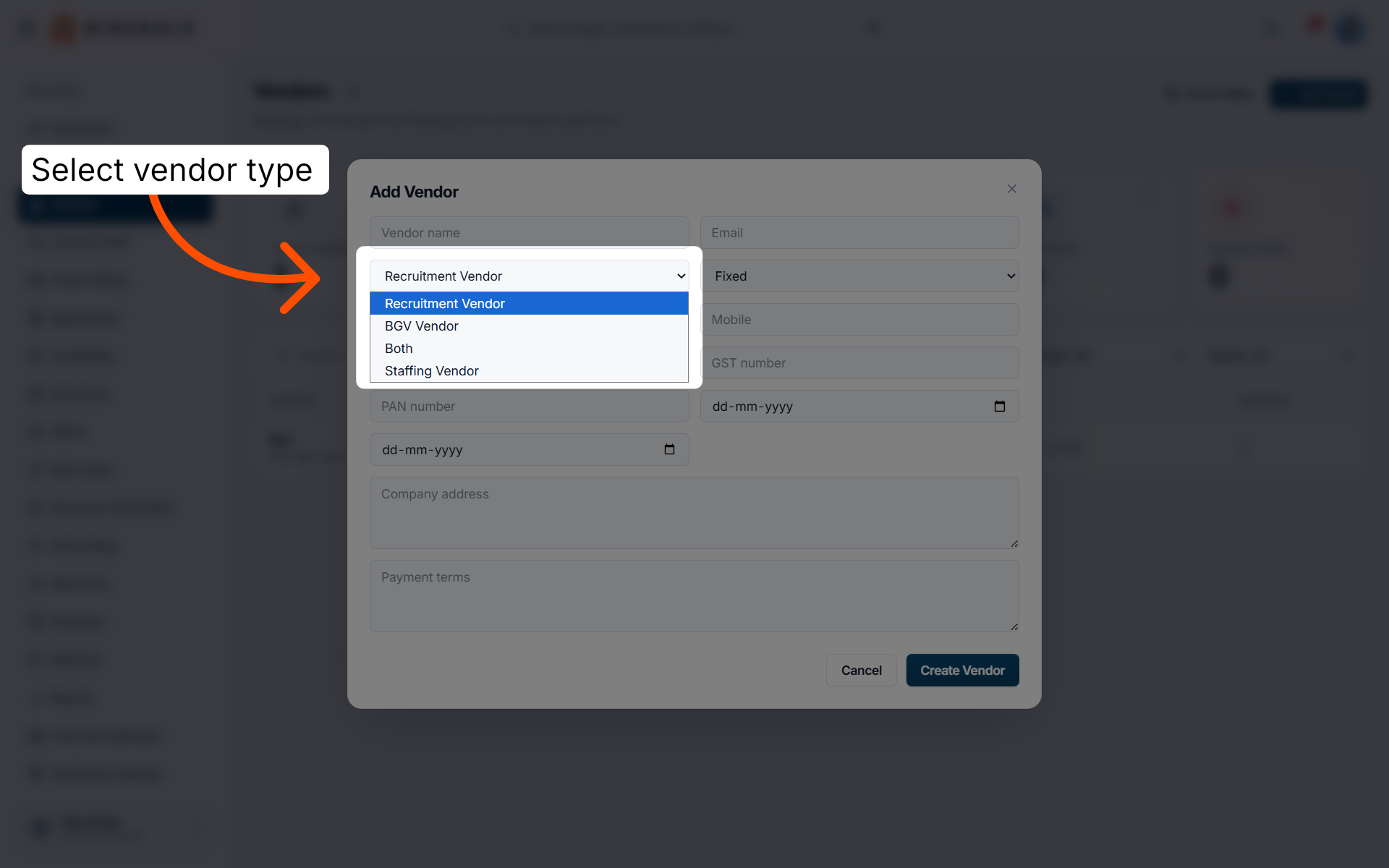 Choose Vendor Type